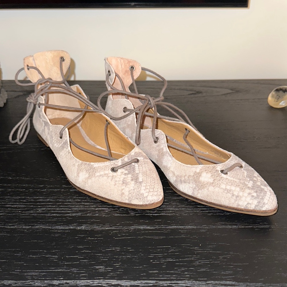 Lucky Brand Flats with Ankle Wrap. Suede Snake print